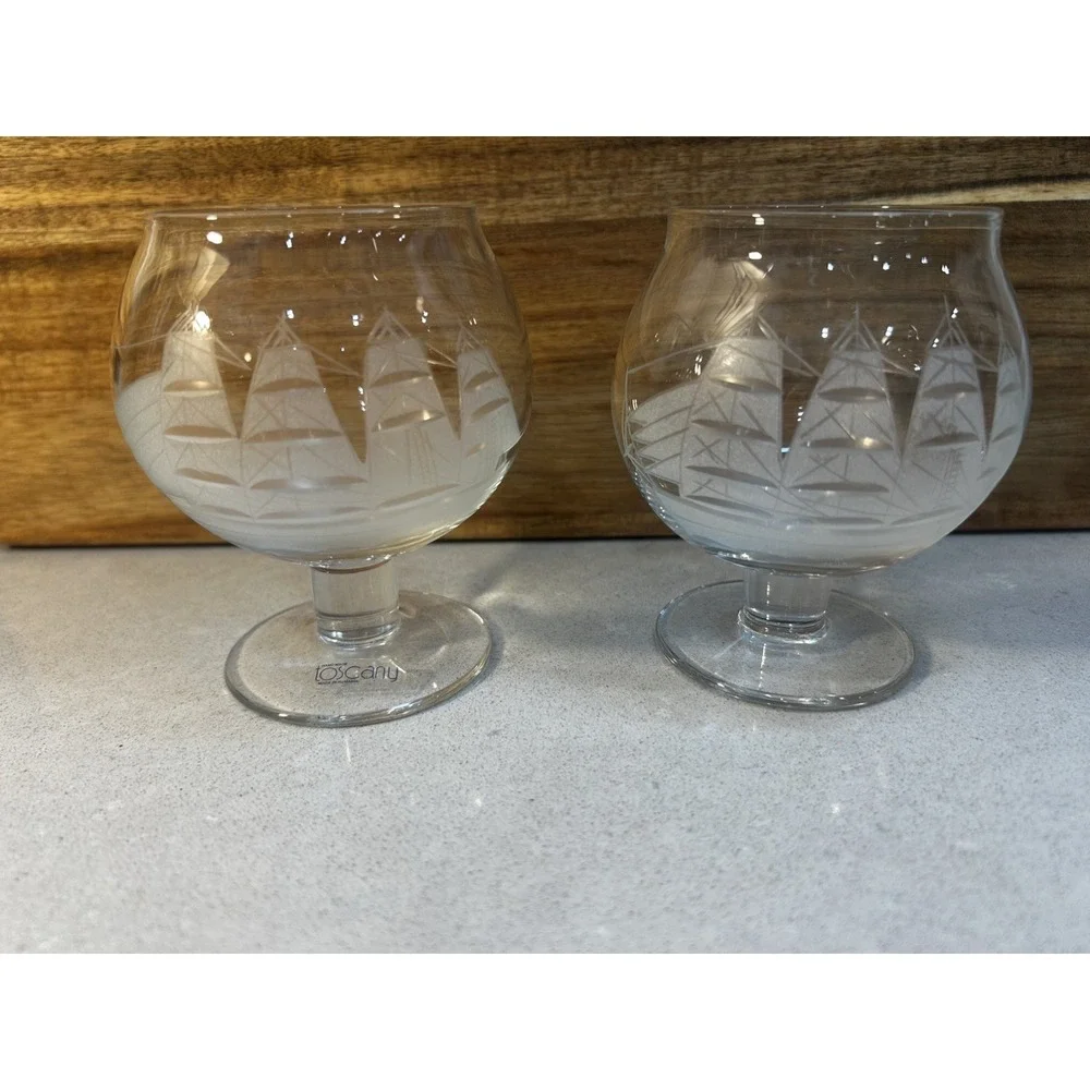 2 Etched Sailing Ship Cognac Snifter Tasting Glasses